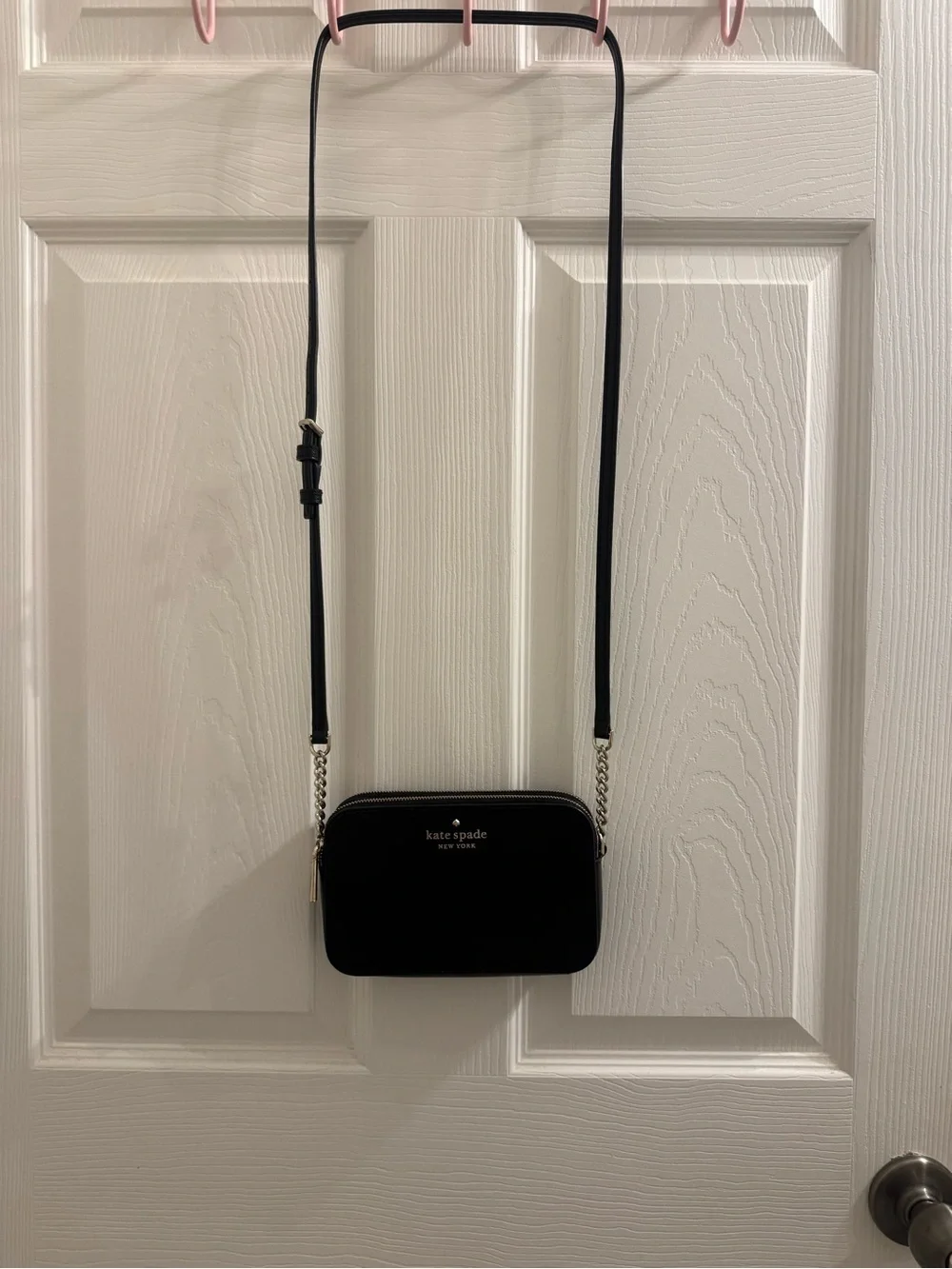 kate spade black saffiano crossbody bag with gold chain strap